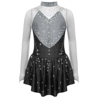 Kids Girls Figure Skating Dress Ballet Dance Artistic Gymnastics Performance Costume Long Sleeve Sheer Mesh Rhinestones Leotard