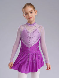 Kids Girls Figure Skating Dress Ballet Dance Artistic Gymnastics Performance Costume Long Sleeve Sheer Mesh Rhinestones Leotard
