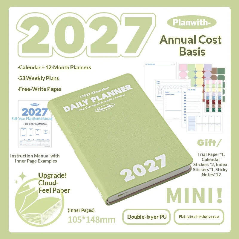 Planwith 2027 Weekly Planner A6 8-Grid Layout Hardcover Agenda Annual Tracker Month Plan Lunar Date Organizer for Adult Student