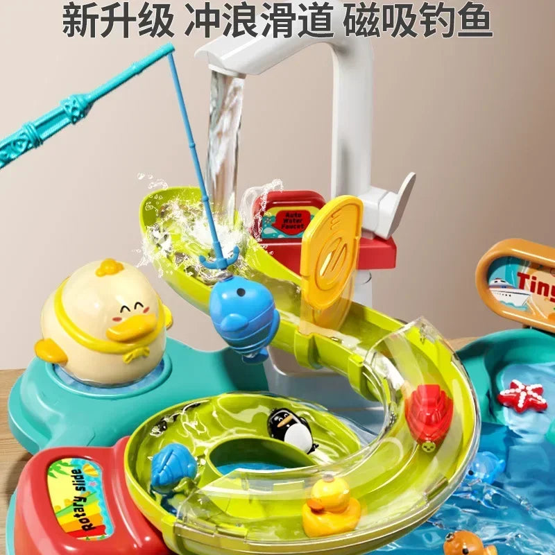 Children Puzzle Pretend Play Toys Dishwashing Basin Toys Gift Kitchen Interactive Toys 2-in-1 Slide Fishing Montessori Toy Gift