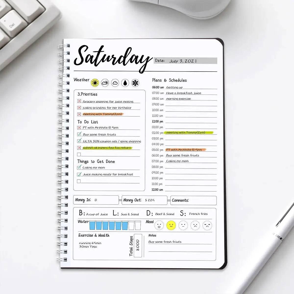 Daily Planner Notebook Spiral Bound Weekly & Daily Schedule to Do List Mood Water Intake Budget Journal