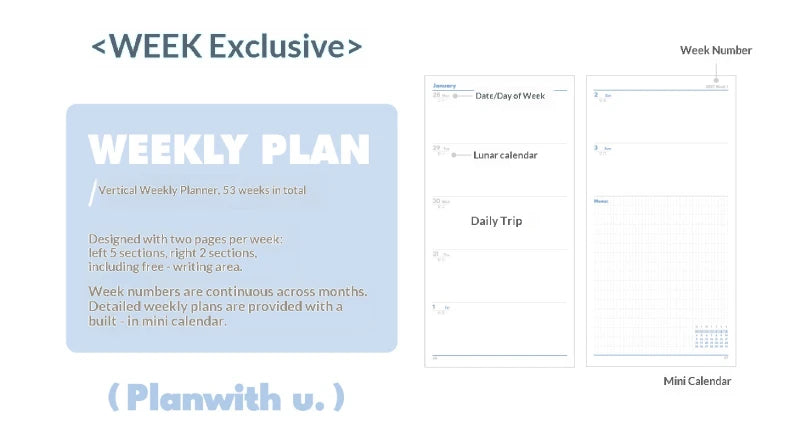 Planwith 2027 Weekly Planner A6 8-Grid Layout Hardcover Agenda Annual Tracker Month Plan Lunar Date Organizer for Adult Student