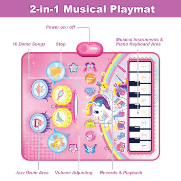 90x70cm Unicorn Music Mat Kid Toddler Mat Piano Keyboard and Drum 2 in 1 Toys Dance Mat 8 Instruments Sound Educational Toys