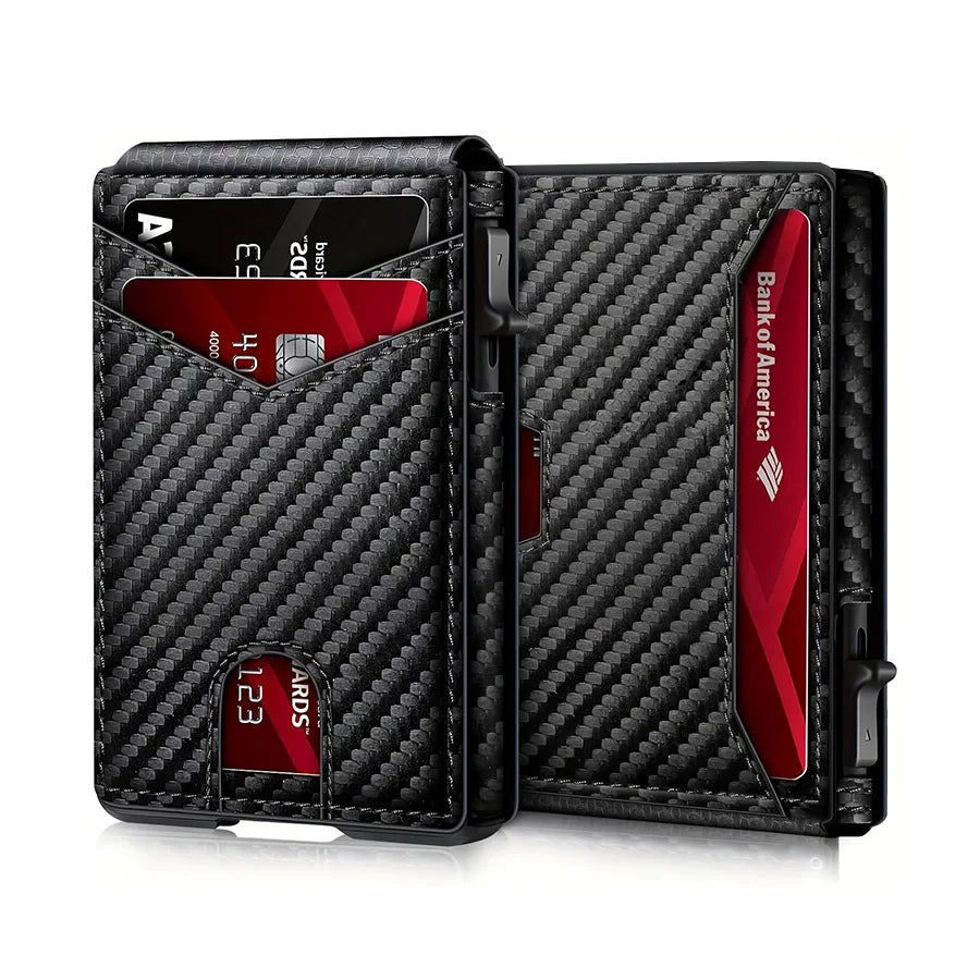 Men Carbon Fiber RFID Blocking Pop Up Wallet, Slim Minimalist Credit Card Holder Multi Slots Portable Business Card Purse