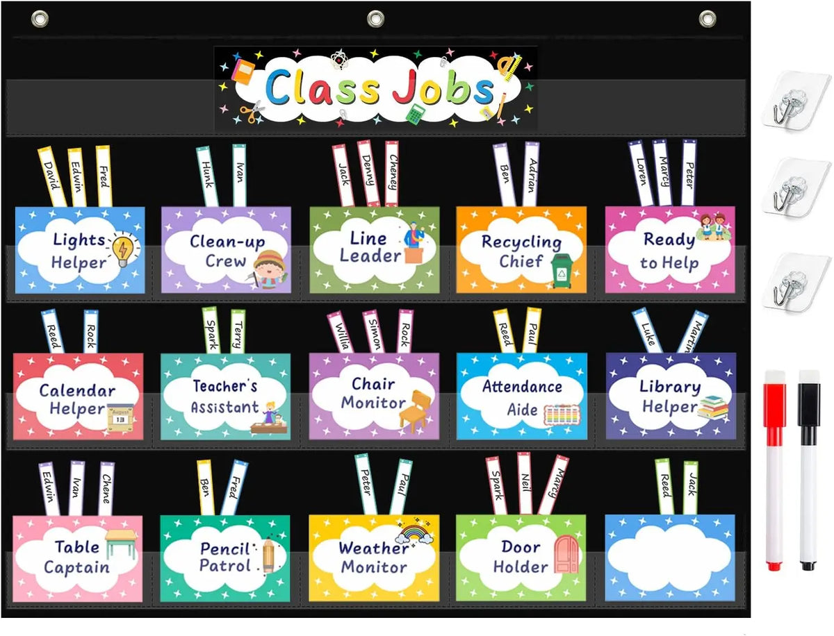 Class Jobs Pocket Chart Class Management Educational Pocket Chart with 70 Colorful Dry Erase Cards and 3 Hooks For Students
