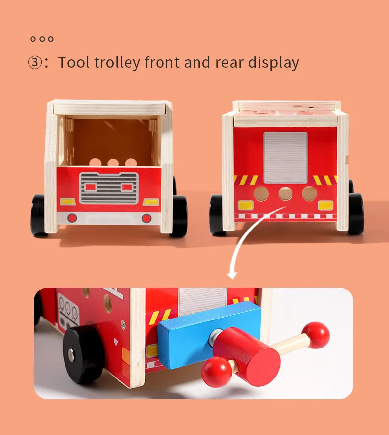 Wooden Montessori Fire Truck - Nut Screw Disassembly Assembly Tool Car, STEM Toy for Toddlers to Develop Hands-On Skills