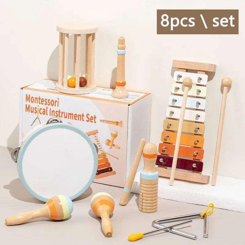 Baby Handheld Bell Musical Instrument Toys Montessori Wooden Gripping Bed Bell Drum Orff Ringing Instrument Percussion Kids Gift