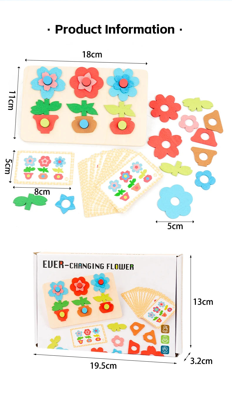 Montessori DIY Wooden Flower Puzzle Board Game With Cards Shape Color Cognition & Matching Geometric Educational Toy For Kids