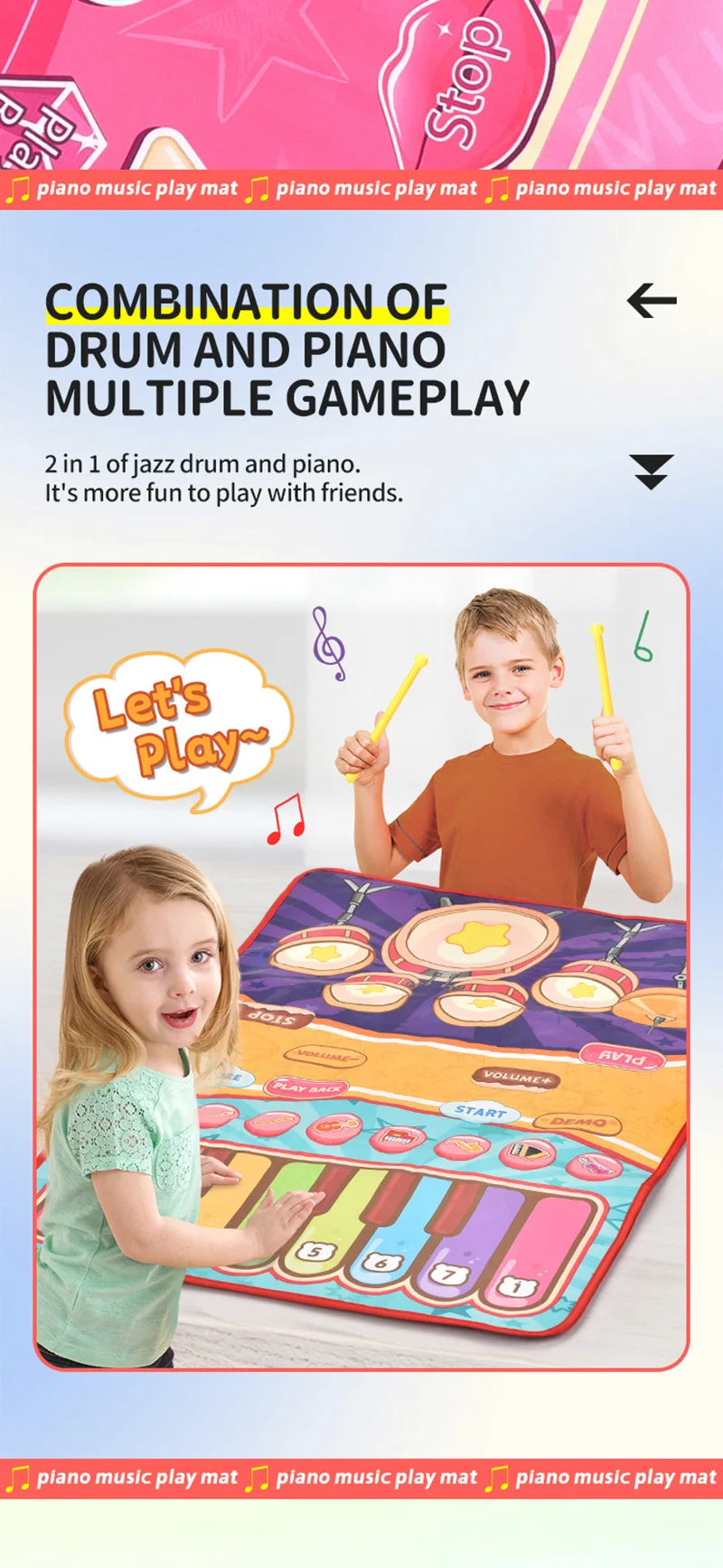 3IN1 Multifunctional Music Play Mat Piano Keyboard Dance Floor Drum Game Playmat Sensory Education Toys for Children Kids Gifts