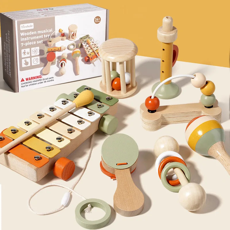 Baby Handheld Bell Musical Instrument Toys Montessori Wooden Gripping Bed Bell Drum Orff Ringing Instrument Percussion Kids Gift