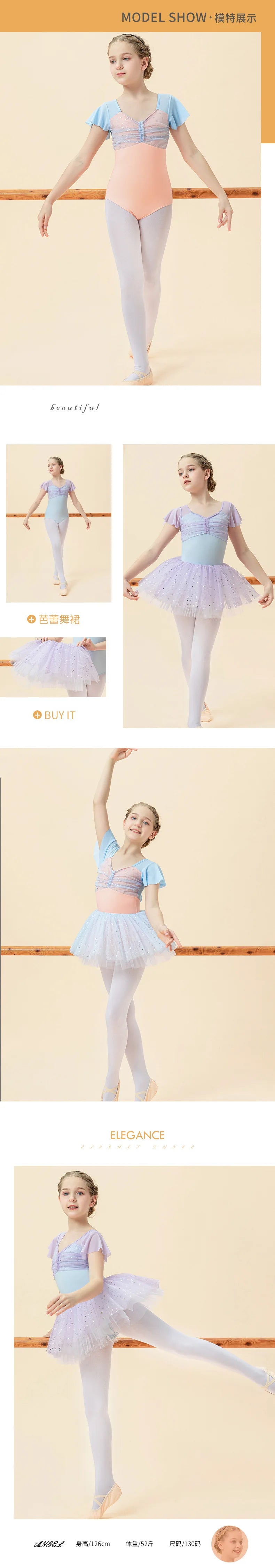 Girls Ballet Dance Dress Kids Child Short Sleeve Stitching V-neck Gymnastics Pink Leotard Practice Professional Stage Dance Wear
