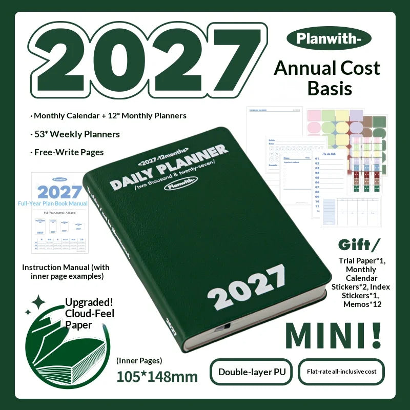 Planwith 2027 Weekly Planner A6 8-Grid Layout Hardcover Agenda Annual Tracker Month Plan Lunar Date Organizer for Adult Student