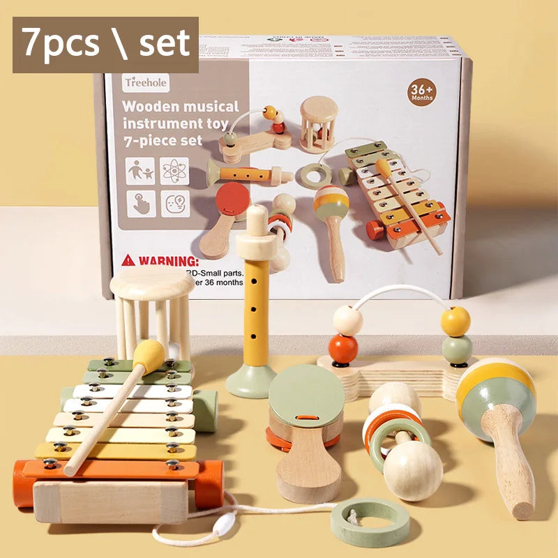 Baby Handheld Bell Musical Instrument Toys Montessori Wooden Gripping Bed Bell Drum Orff Ringing Instrument Percussion Kids Gift