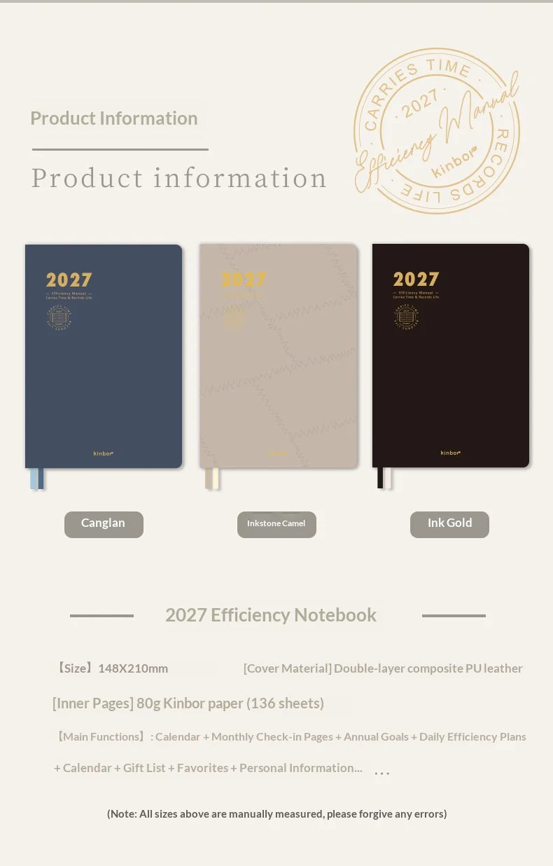 Kinbor 2027 A5 Efficiency Planner Two Days Per Page Notebook To Do List Self-discipline Habit Tracker Time Management Journal
