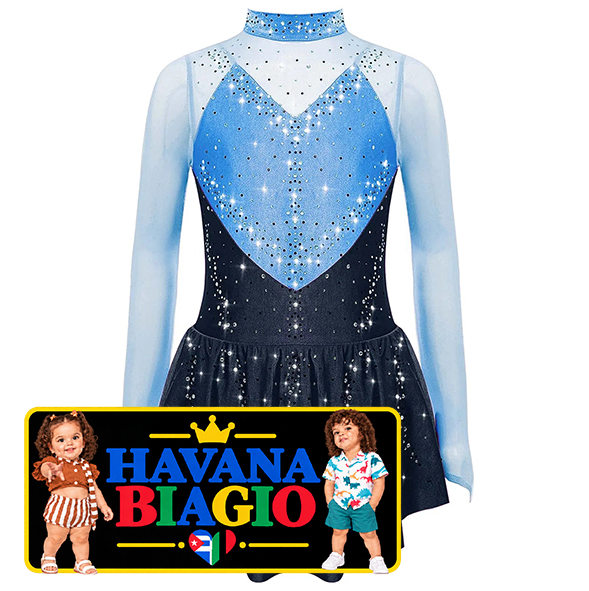 Kids Girls Figure Skating Dress Ballet Dance Artistic Gymnastics Performance Costume Long Sleeve Sheer Mesh Rhinestones Leotard