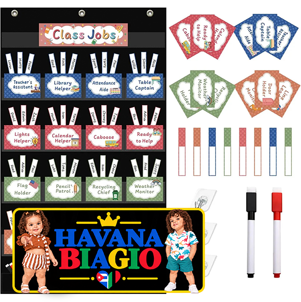 Class Jobs Pocket Chart Class Management Educational Pocket Chart with 70 Colorful Dry Erase Cards and 3 Hooks For Students